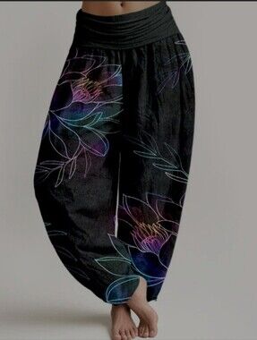 Buddha Stones Cotton Neon Lotus Elastic Waist Harem Pants Wide Leg Boho Size 3X